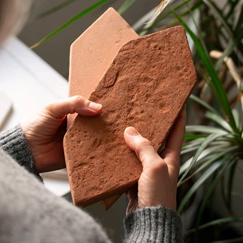 Person holding hexagonal terracotta tiles in 2 colours